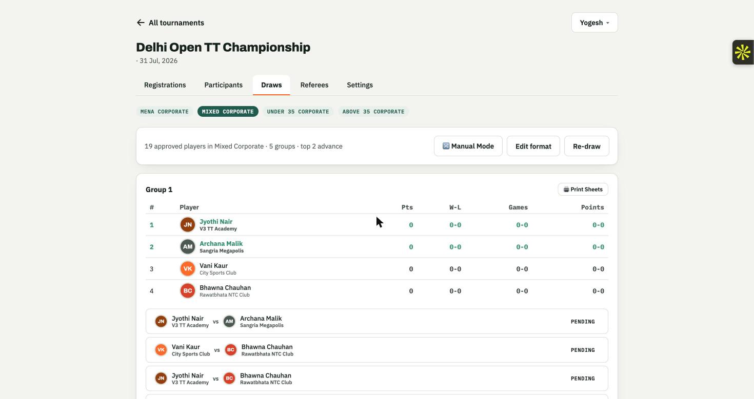 TT Arena draws page showing a group's live standings table and pending round-robin matches with real player and club names