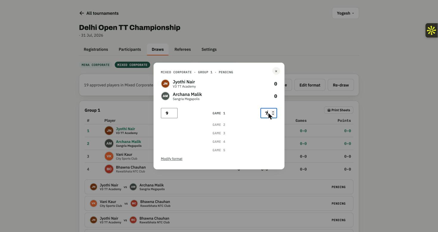 TT Arena live scoring modal showing an in-progress match between two players with a 9-7 first-game score