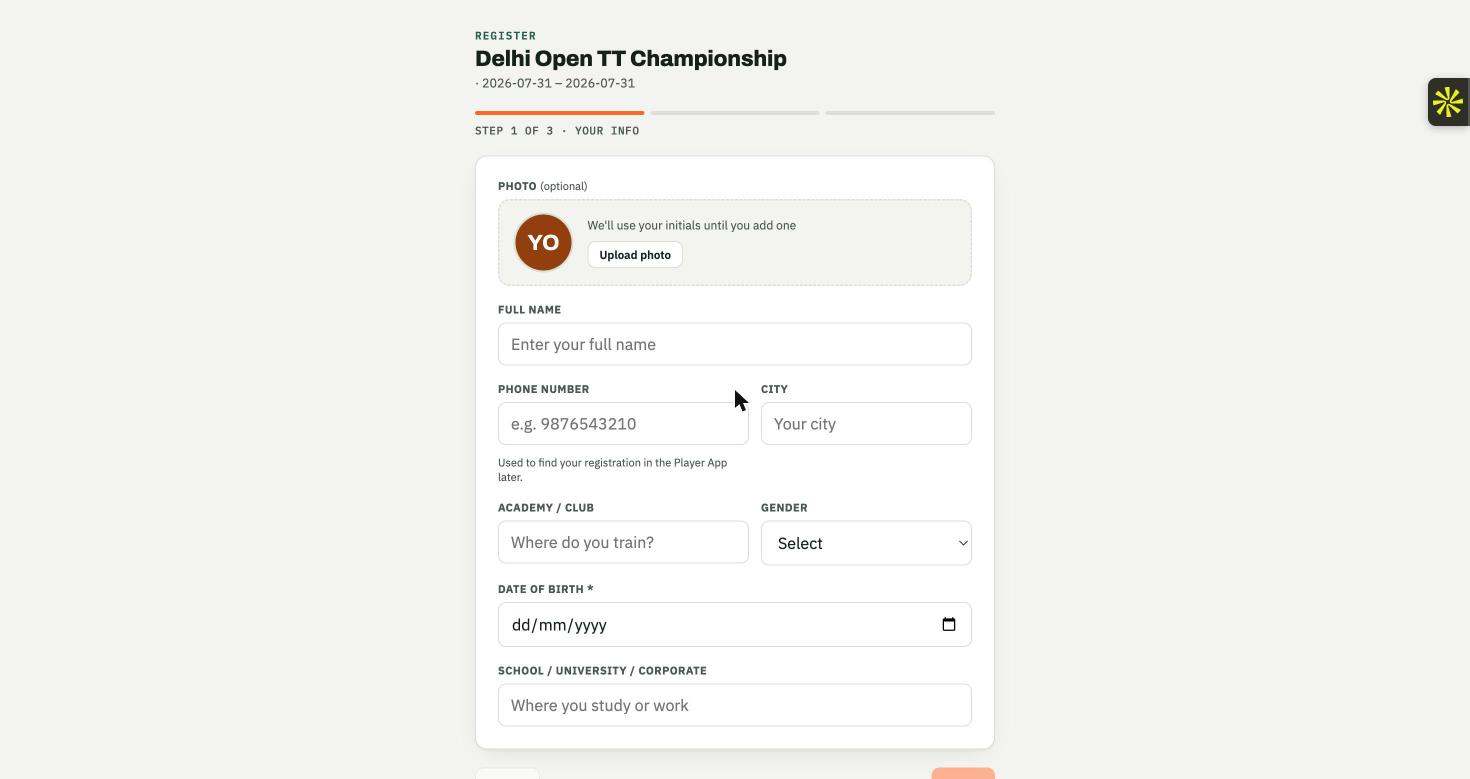 TT Arena public tournament registration form with fields for name, phone number, city, academy or club, gender and date of birth